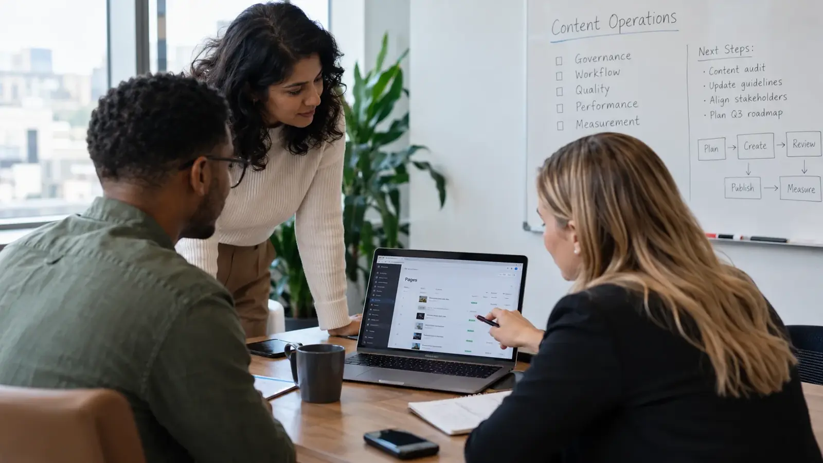 A content team reviewing CMS pages on a laptop, with a whiteboard listing governance, workflow, quality, performance and measurement