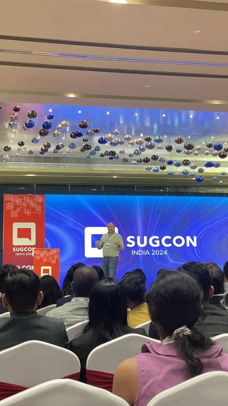 A keynote on stage at SUGCON India 2024